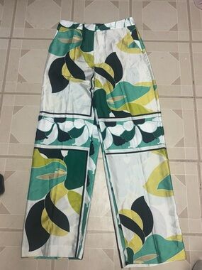 Zara Green & Yellow Abstract Floral Wide-Leg Pants